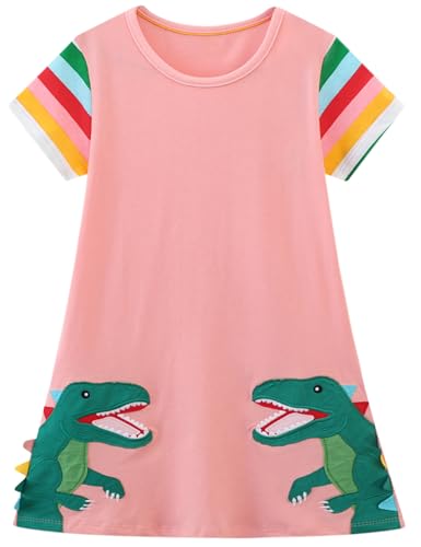 Image of Hongshilian Little Girls Cotton Casual Dress Cartoon Print T-Shirt Short Sleeve Skirt Dresses