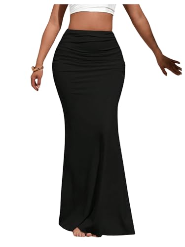 Verdusa Women's Ruched Fishtail Maxi Skirt Elastic High Waisted Long Bodycon Skirts