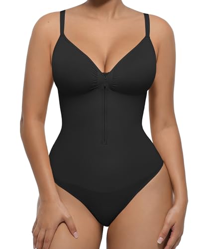 FeelinGirl Shapewear Tummy Control for Women Zip Shapewear Bodysuit Thong V-Neck Body Suit Seamless Body Shaper