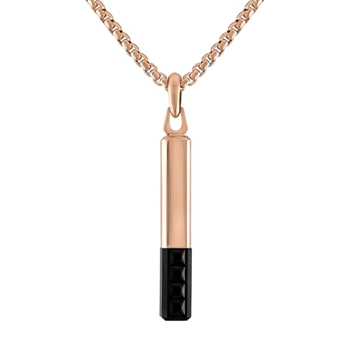 Bulova Jewelry Men's Latin Grammy Rose Gold Stainless Steel Bar Shaped Amulet Pendant, Inlay Black Spinel,Rose Tone Stainless Steel Rounded Box Link Chain Necklace Style:BVC1074-RSTBSP
