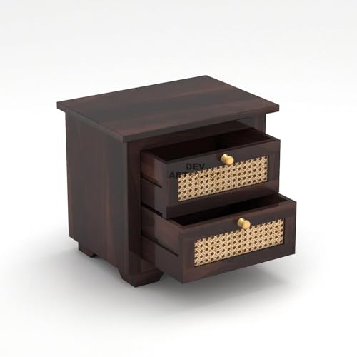 Image of Solid Sheesham Wood Bedside Table for Bedroom | Handmade Pure Wooden Bed Side Nightstand End Table with 2 Drawers Storage for Home & Bed Room | Rosewood, Walnut Finish