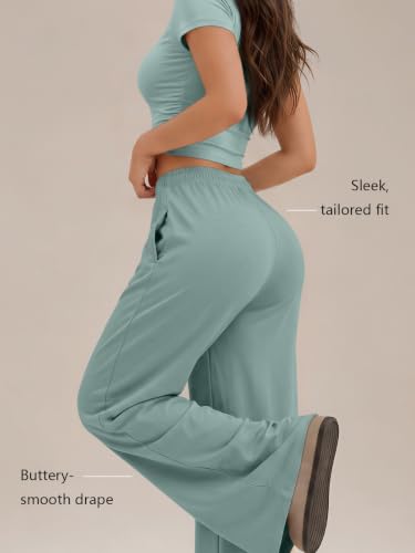 Image of Trendy Queen 2 Piece Matching Summer Lounge Set Womens Side Ruching Top Wide Leg Pants Sets with Pockets