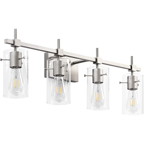Image of SOLFART 4 Light Bathroom Vanity Lights Bathroom Lights Over Mirror Vintage Bath Lighting Brushed Nickel Wall Sconce with Glass Shade