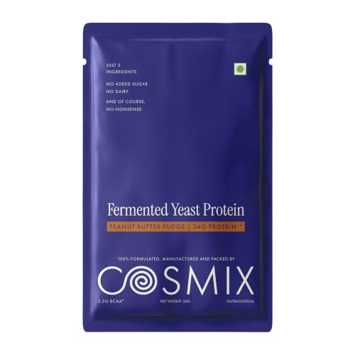 Image of Cosmix Fermented Yeast Protein Powder | 24g Protein | Made with Real Peanut Butter | High Absorption with PDCAAS of 1 | Made In-House | Smooth, Tasty & Gut-Friendly | Peanut Butter Fudge, 38g Sachet