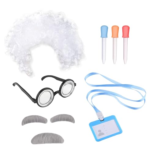 UILYNIU 7 Pièces Savant Fou Perruque Professeur Fou Perruque avec Moustache Sourcils Perruque Compte-Gouttes Carte Lunettes Nerd Laboratoire Deguisement pour Enfants Adultes Cosplay Halloween(7PCS)