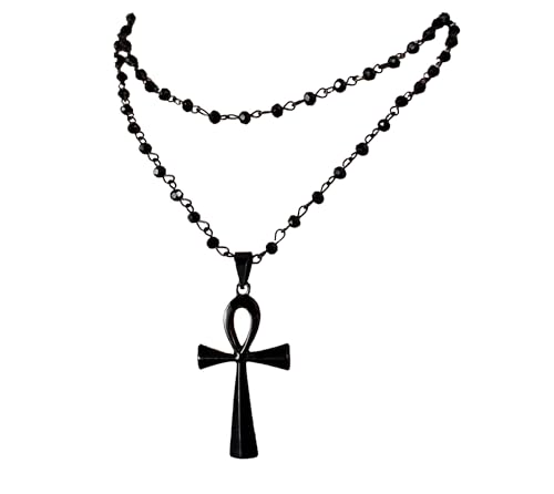 Gothic Bead Coptic Ankh Cross Necklace, Stainless Steel Ankh Cross Pendant, Black Gothic Layered Choker Necklace for Women.