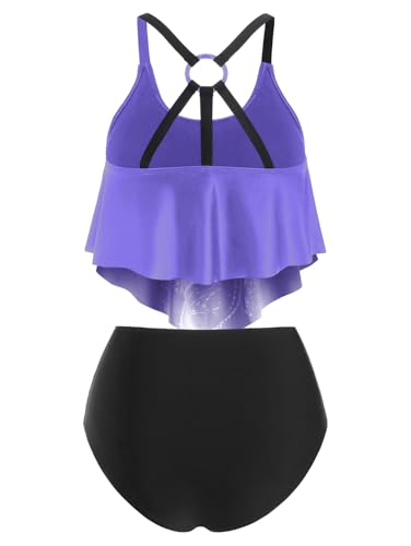 DRESSFO Women's Tankini Swimsuits Two Piece Padded Ruffled Flounce Bikini Set Ruched High Waisted Gothic Bathing Suit2
