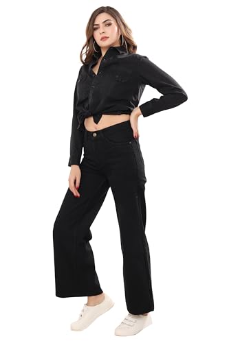 Image of THIRD QUADRANT Women Wide Leg Jeans with high Waist || Black Jeans for Women || Flared Jeans for Women