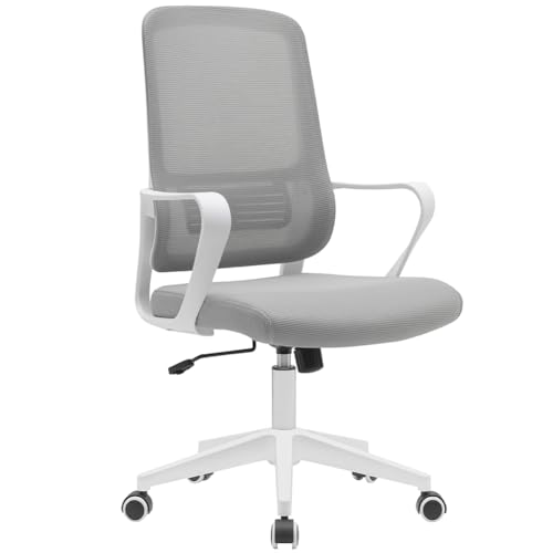 BAKAJI Silla de escritorio ergonómica con ruedas giratorias antiarañazos, respaldo de tela transpirable y soporte lumbar, sillón de estudio u oficina, ajuste de altura de gas 98 108 cm (gris y blanco)
