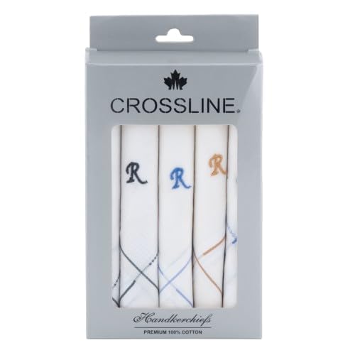 Image of CROSSLINE Men's Initial Monogram (A-Z) Embroidery 100% Pure Cotton Handkerchief | White Base With Colored Border | Handkerchiefs For Men Cotton Soft - (Pack of 5)