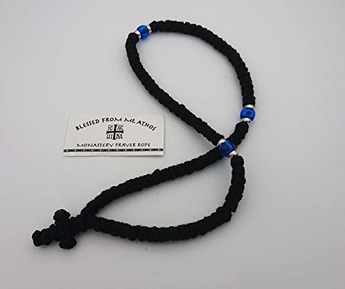 Image of Blessed Handmade 100 Knots Prayer Rope Greek Russian Komboskoini Christian Orthodox Black with Blue Beads and Black Cross from Mt Athos