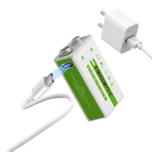 Image of 9V Rechargeable Lithium Battery with Charger Kit, 1000mAh High-Capacity, Direct USB-C Fast Charge, Stable 9V Output, 1200+ Recharge Cycles, 10-Year Shelf Life, 1-Pack