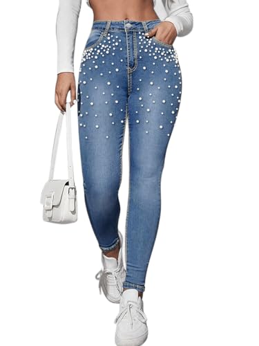 Women's Skinny Jeans Chic Pearl Decorated Stretch Casual Embellished Fashion Statement Denim Pants