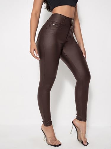 WDIRARA Women's Leather High Waist Skinny Jeans Slant Pocket High Stretch Long Pants4