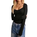 Pivanzore Women's Square Neck Long Sleeve T Shirts Sexy Tops Lace Trim Slim Fit Tee Fall Tees Shirt Going Out Y2k Crop Tops (Black, S)