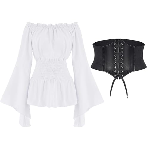 Women Renaissance Blouse Top Corset Waist Belt, Pirate Corset Shirt, Medieval Costume Off Shoulder Peasant Shirt