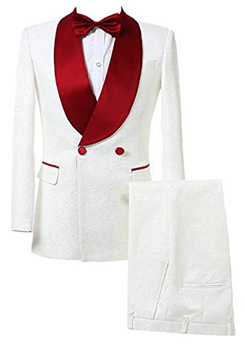 Costume de mariage blanc haut de gamme avec son revers châle rouge