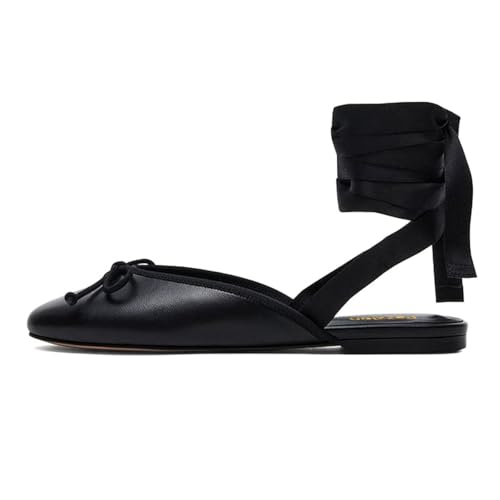 Pazzion Women's Comfy Ankle Wrap Ballet Flats with Bows Lace Up Closed Round Toe Flat Shoes Daily Prom Walking Size 4-16 US3