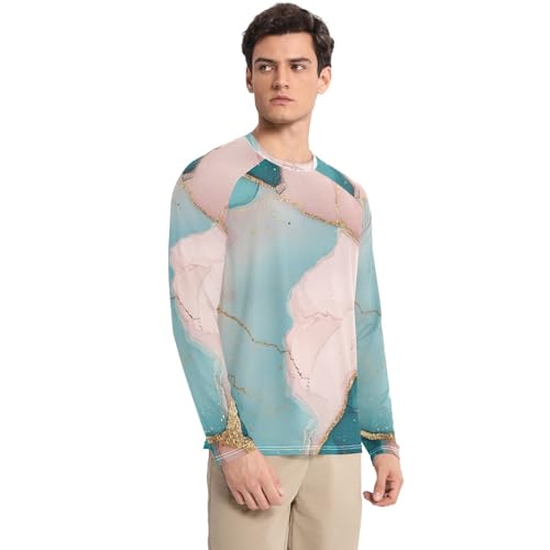 Marble Teal Blush Men's Rash Guard Shirts Breathable Loose Men's Sun Shirt Long Sleeve Running3