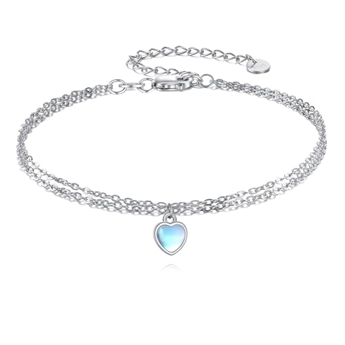 Bracelet pierre de lune véritable femme avec cœur en argent sterling 925