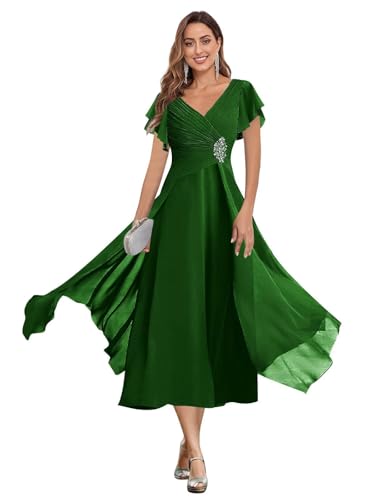 ISABUFEI Elegant Chiffon Mother of The Bride Dresses - V-Neck Tea Length Formal Evening Gown with Beaded Waist