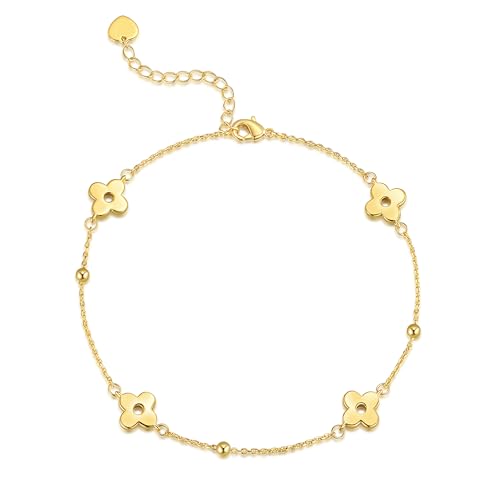 14K Gold Anklets for Women Four-Leaf Clover 14K Gold Ankle Bracelets for Women Golden Jewelry for Womens Anklets Bracelets Romantic Floral Adjustable 9.4+1.6in