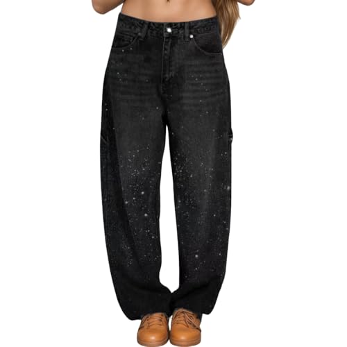 Women's Casual Rhinestone Straight Leg Jeans Trendy Sparkly Baggy