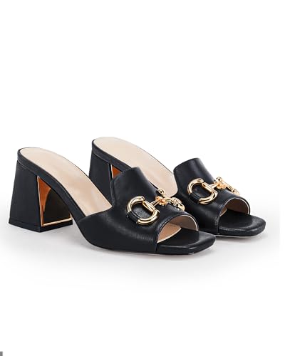 gihubafuil Women's Sandals Peep Toe Slides Chunky Heel Mules Single Band Comfort Slip-on Shoes with Metal Chain for Spring Summer4