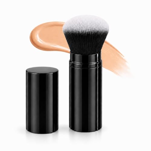 Brocha de Maquillaje Kabuki Retráctil con Cabezal Plano, Color Negro, para Base, Colorete, Polvos, Iluminador y Productos Líquidos o en Crema, Cerdas Suaves, Formato Compacto de Viaje