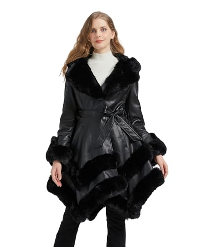 GRAN ORIENTE Fashion Faux Leather and Fur Jacket,Winter Sexy Collar Parka Coat Dress for Women with Belt and Hood