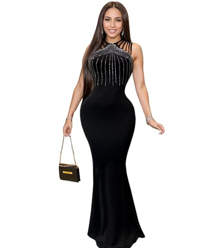 Image of Jigfar Women Sexy Elegant Rhinestone Mesh See Through Party Club Night Split Bodycon Formal Maxi Dress
