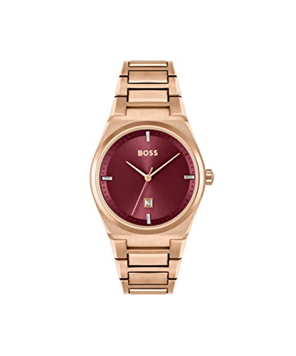 Image of BOSS Steer Qtz Basic Calendar Red Tonneau Dial Women's Watch|Ionic Plated Carnation Gold Steel Material|Gold Color Band - 1502671