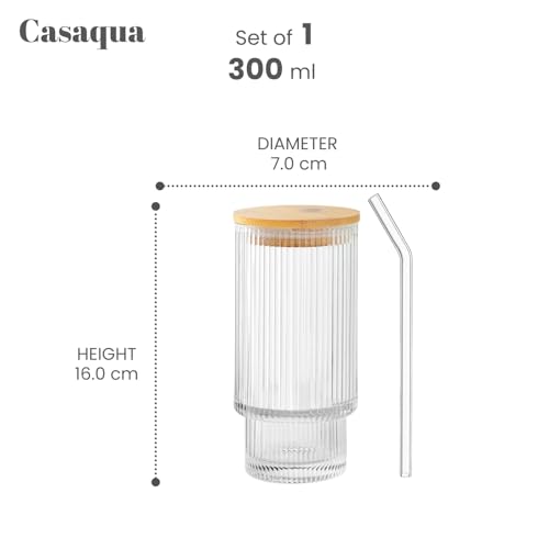 Image of Premium Ribbed Glass Tumbler with Bamboo Lid & Straw - 300ml, Set of 1, Drinking Glass Cup, Borosilicate Glass Iced Coffee Cup for Bubble Tea, Smoothies, Juice, Water, Cold Drinks & Daily Use