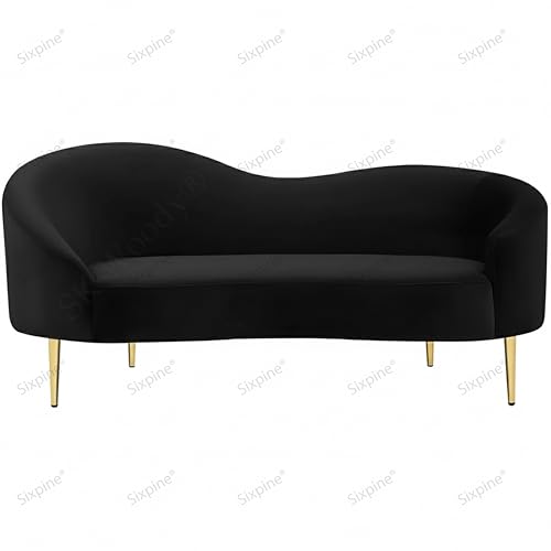 Image of Rosewood Luxury Curved Sofa in Premium Velvet-Fabric | Solid Wood Structure | High Density Foam | Sturdy Golden Legs | Comfortable & Stylish Couch for Living Room (Black, 2 Seater)