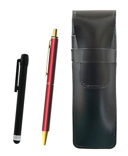 スリム牛革ペンケース黒 メタルタッチ棒黒とNQ25標準サイズ金属ストレートノック・ダブルアルマイト加工リングボールペンセット 赤 ASB-ALB-NQ25B-R