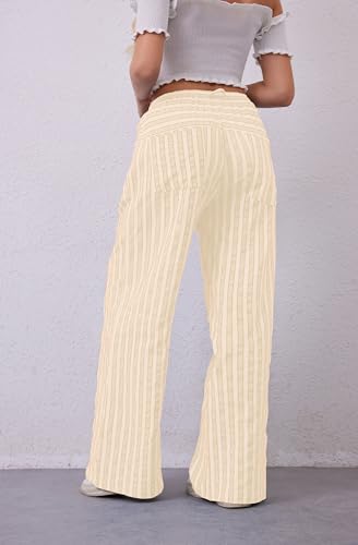 Image of MISSACTIVER Women Drawstring Striped Pants Loose Wide Leg Trousers Casual Low Waist Pants Comfy Lounge Pants with Pockets