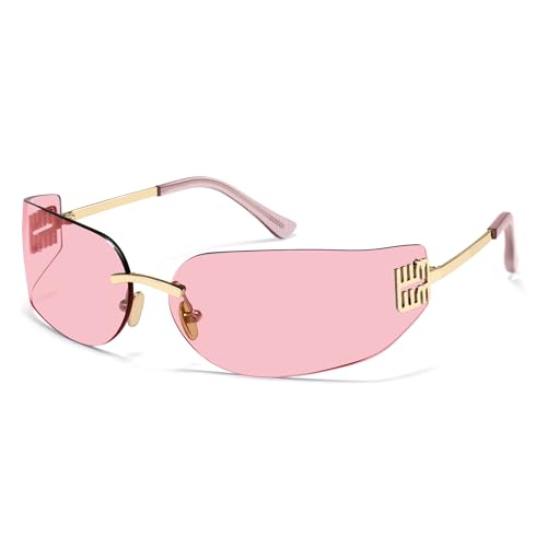 VANLINKER Y2K 90s Sunglasses for Women Trendy Wrap Around Rimless Frame Fashion Rectangle Tinted Frameless Shades VL9924 Pink