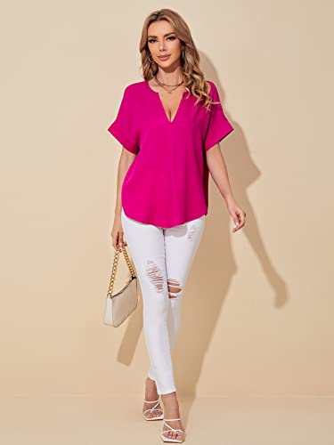Image of Milumia Women Notched V Neck Batwing Sleeve Blouse Curved Hem Solid Casual Top
