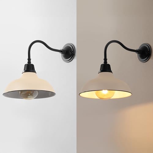 Image of JONATHAN Y 12.25 inch Matte Almond /Black 1-Light Farmhouse Industrial Outdoor Sconce, LED Gooseneck Wall Light for Porch, Metal Bowl Shade, Dimmable Vintage Exterior Fixture, LED Bulb Included (JYL7613M)