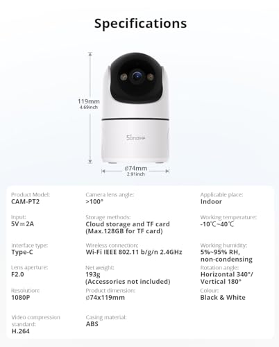 SONOFF Indoor Cam PT2, Caméra de Sécurité WiFi Panoramique/Inclinable 1080P, Vue à 360°, Suivi Mouvement, Audio Bidirectionnel, Mode Confidentialité, Stockage Cloud/SD, Compatible Alexa & Google Home – Image 4