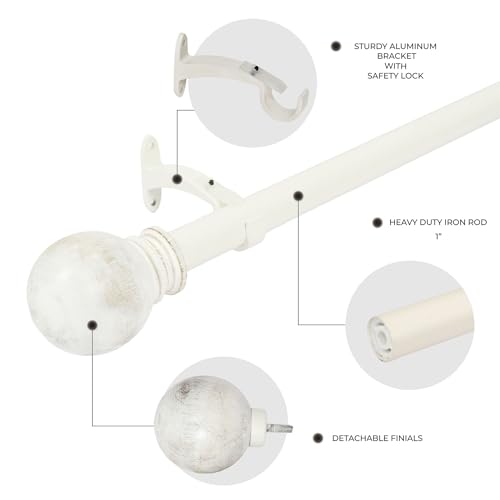 Image of Deco Window 18 inch-44 inch Adjustable Rustproof Curtain Rod for Doors & Windows with Brackets, Extendable Iron Metal Pipe Holder with Wood Ball Finials (Ivory,25MM Diameter)