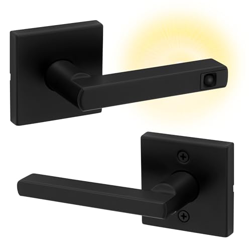 Image of Kwikset Halifax LED Motion Activated Light Up Passage Door Lever for Closet and Hallway Doors, Reversible Non-Locking Handle Lever, Matte Black, with Microban Protection