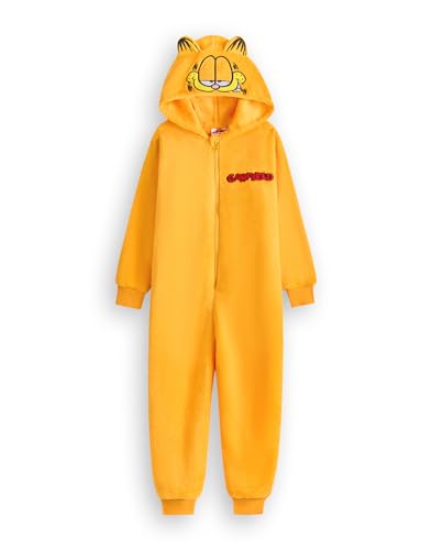 Garfield Mono para Adultos | Pijama Entero en Naranja para Hombres y Mujeres | Mono de Dormir con Cremallera, Capucha y Cola 3D | Traje de una Pieza de Gato de Dibujos Animados Ropa de Estar
