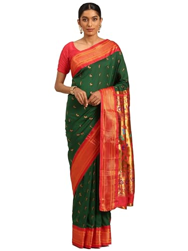 Varkala Silk Sarees Kadiyal Soft Silk Muniya Paithani Saree With Blouse Piece (V278A101-Copr_Bottle Green & Re