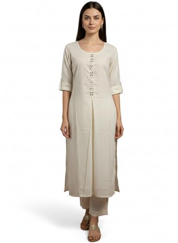 Image of Varanga Women Off-White Half-Sleeve Buttoned Kurta