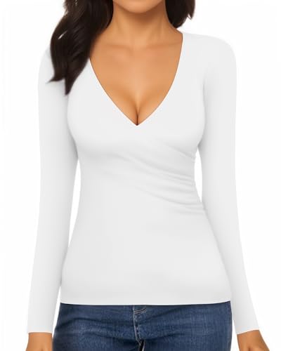 Image of Mangopop Women' Surplice Ruched Plunge Neck Deep-V Long Sleeve Bodysuit Jumpsuits