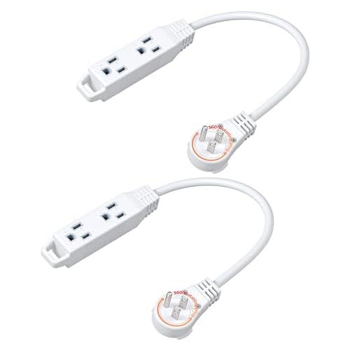 DEWENWILS 1FT 360° Rotating Flat Plug Extension Cord, 3 Prong Thin Power Strip, 16/3C 13A/125V/1625W, Rotating Plug for Indoor Narrow Space, SJT-3, ETL Listed, White, 2 Pack 1FT 2 Pack-Round