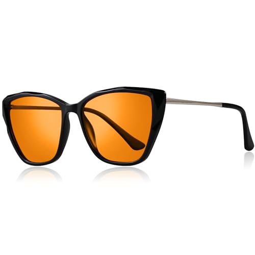 Image of Blue Light Blocking Glasses Cat Eye Orange Tinted Computer Gaming Eyeglasses UV Ray Filter Easier Sleep and Migraine Relief Women AB3304 (Black Frame Orange Lens)