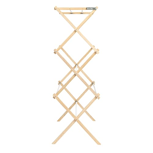 Image of Household Essentials X-Frame Clothes Drying Rack, Stabile Wood Frame with Slanted Feet, Smooth Vinyl Wrapped Rods, 23.8 Feet of Hanging Space, Ready to Assemble, Flat Top, Natural