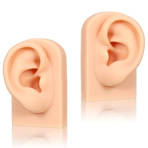 2 Pcs Silicone Ear Model, Left and Right Flexible Fake Ear, Reused Soft Mold Fake Ear, Fake Ear Piercing Practice Silicone Body Parts Realistic, Realistic Ear Mold for Jewelry Display, Skin Color